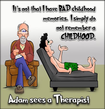 this bible cartoon features Adam seeing a therapist over his missing childhood memories