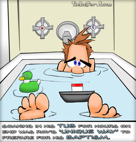 This christian cartoon features a man afraid of being stricken with the BENDS while being baptized