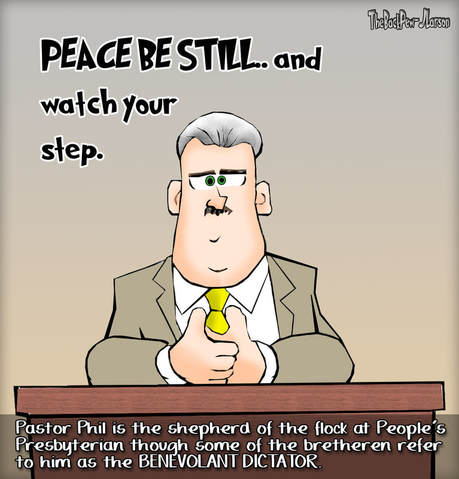 this christian cartoon features a preacher who is referred to as a benevolant dictator