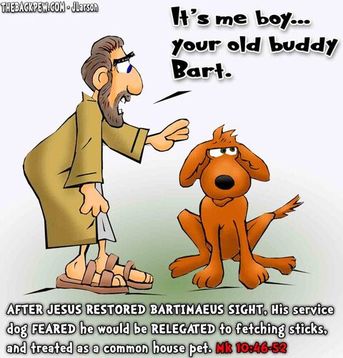 This Gospel cartoon features the story of Blind Bartimaeus healed by Jesus and  his service dog feelings of uselessness