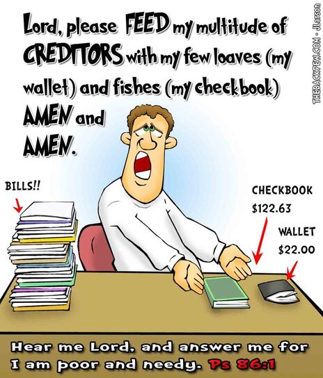 This christian cartoon features the prayer for God's blessings with money problem. Like loaves and fishes