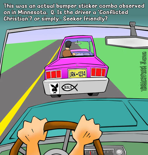 This Christian cartoon features a car with bumper stickers that do not go together