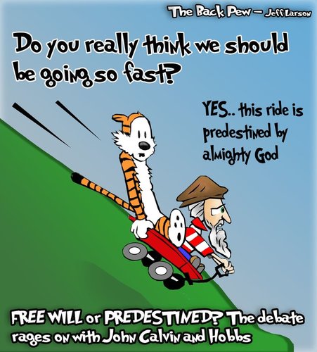 This christian cartoon features John Calvin and Hobbs debating theology in a wagon traveling fast downhill