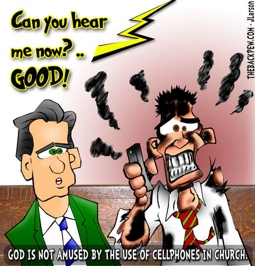 This church cartoon features a man struck by lightning while using his cellphone during the church service