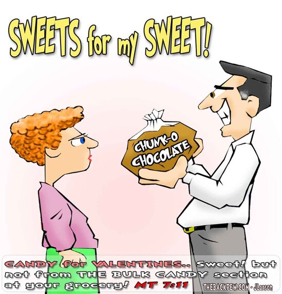 This valentine cartoon features a husband foolishy buying chocolates (chunk o chocolate) for his wife from the bulk foods store