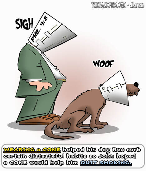 This christian cartoon features a man using a dog cone to curb his problem with smoking