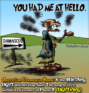 This bible cartoon features Damascus road story where Saul / Paul saw the blinding light in the bible book of Acts 9
