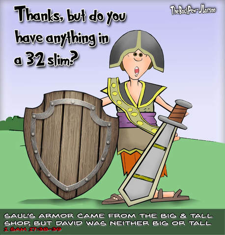 This bible cartoon features David trying on King Saul's armor in 1 Samuel 17