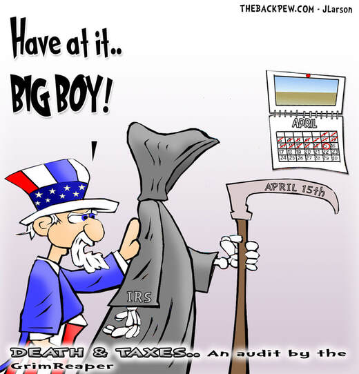 This christian cartoon features the certainty of death and taxes featuring Uncle Sam and the Grim Reaper