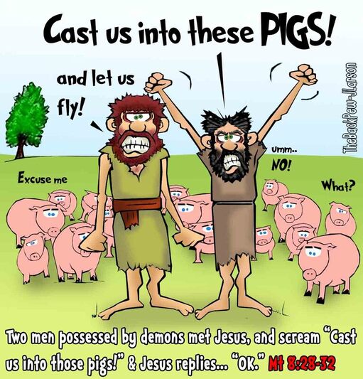 This gospel cartoon features the story of Jesus casting demons out of men and into herd of pigs