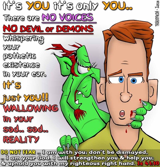 This christian cartoon features a demon whispering lies