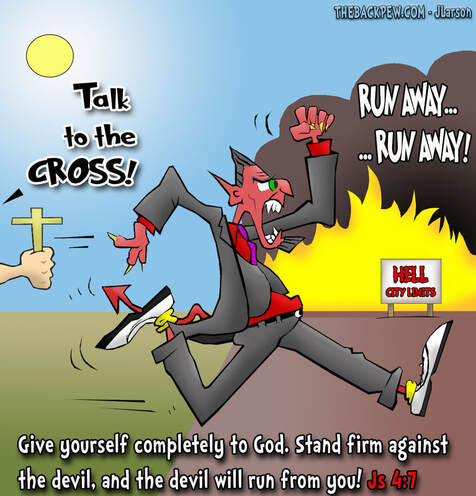This Christian cartoon features James 4:7 teaching us to stand firm with God and the Devil will flee.