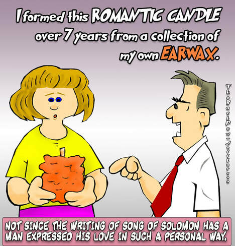 This christian cartoon features the very romantic and personal Valentine gift of a candle made from ear wax