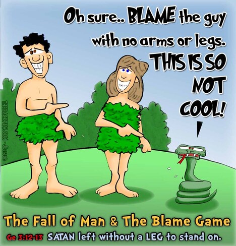 This bible cartoon features the bible story from Genesis 3 where Adam and Eve try to play the blame game with God