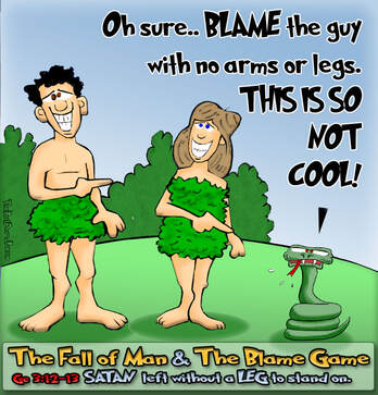 This bible cartoon features the bible story from Genesis 3 where Adam and Eve try to play the blame game with God