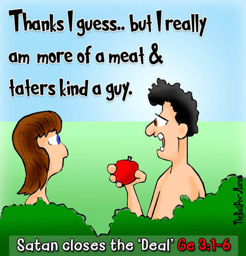 This Bible Cartoon features Genesis 3 where Eve tempts Adam with the apple from the Tree of Knowledge of Good and EvilPicture