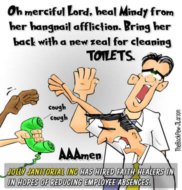 This christian cartoon features sick day faith healers