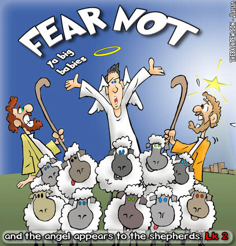 This Christmas Cartoon features the angel appearing to the shepherds with with the words - FEARNOT!