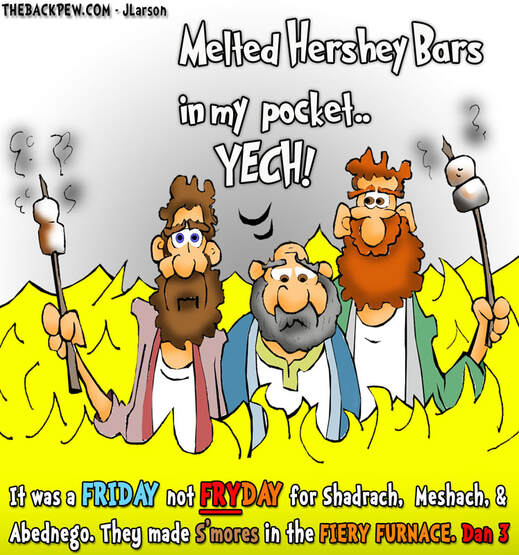This bible cartoon features the Fiery Furnace story from Daniel 3 told with 'smores'