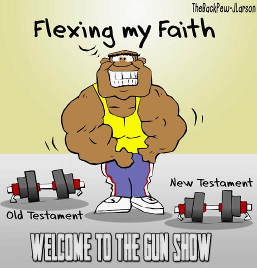 This christian cartoon features a man flexing his faith in the form of the weightier matters of God's word