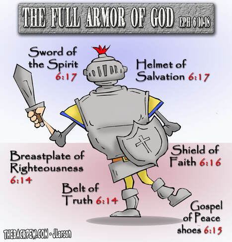 This christian cartoon features illustrates the Full Armor of God - one size fits all