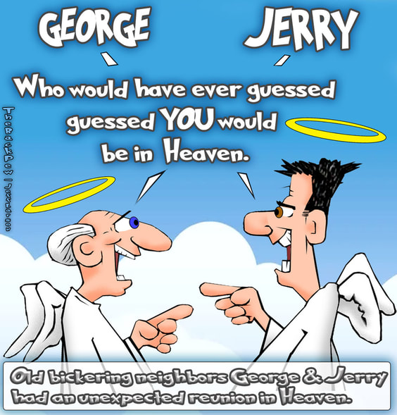 this heaven cartoon features neighbors reuniting in heaven