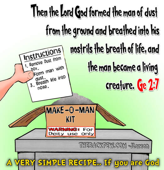 This bible cartoon features Adam creating man from dust in Genesis 2:7