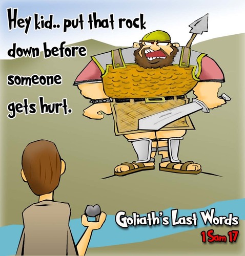 This bible cartoon features Goliath shouting to David as told in 1 Samuel 17