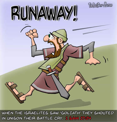 This Goliath cartoon features the bible story from 1 Samuel 17 where he Israel was scared