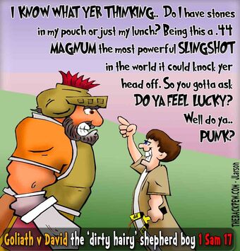 This bible cartoon features David challenging Goliath in true Clint Eastwood Fashion