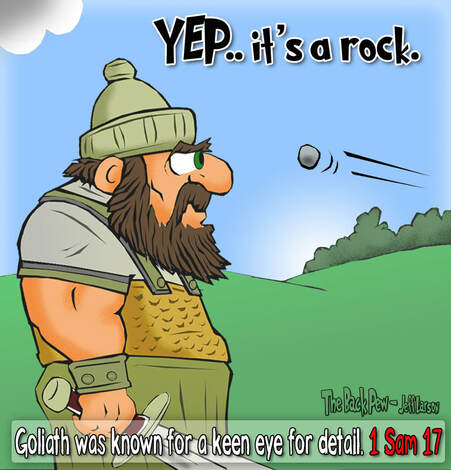 This Goliath cartoon features the bible story from 1 Samuel 17 just before the rock slung by David hits him