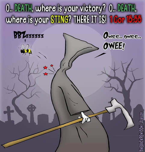 This Christian Cartoon the Grim Reaper getting a bee sting