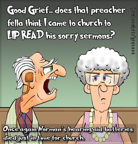 This church cartoon features a senior citizen with hearing aid issues