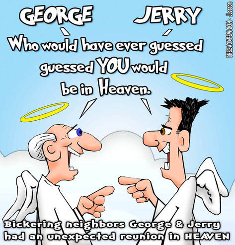this Heaven cartoon features to guys finding irony in meeting each other  in Heaven