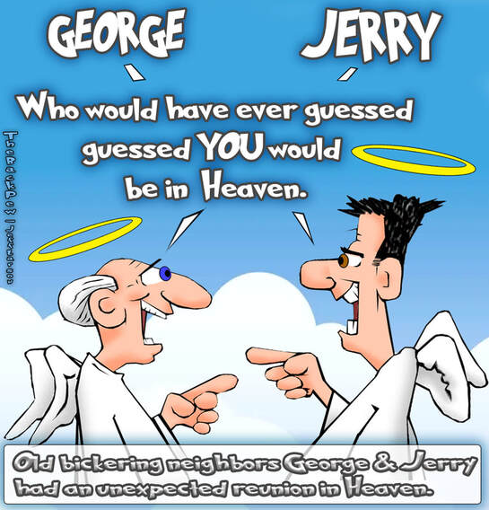 this Heaven cartoon features to guys finding irony in meeting each other  in Heaven