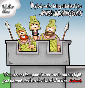 This bible cartoon features the story from Joshua 6 just before the walls of Jericho fell