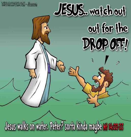 This Gospel cartoon features Jesus walking on water while Peter sinks