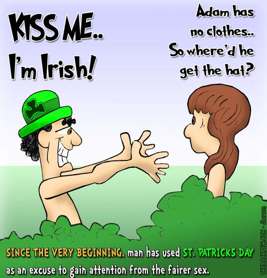 This christian cartoon features Adam wearing a derby calling to Eve, Kiss me I'm Irish