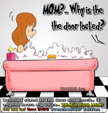 This christian cartoon features a mom in tub with toddlers knocking at bathroom door