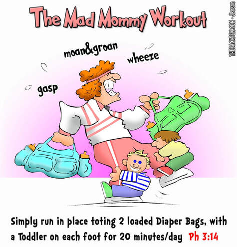 This Christian cartoon features a mom working out with her toddlers and diaper bags