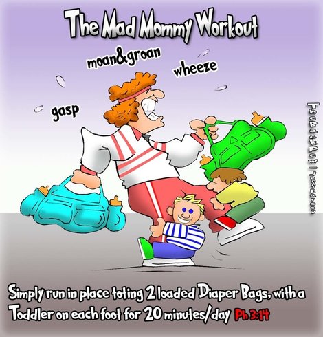 This Christian cartoon features a mom working out with her toddlers and diaper bags