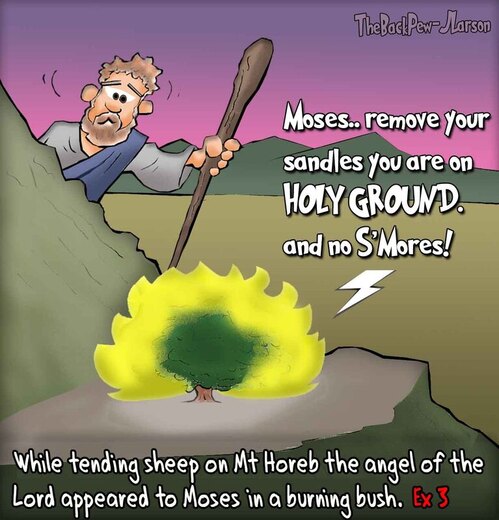 This Moses cartoon features the bible story from Exodus 3 where he encounters the burning bush