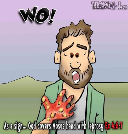 This bible cartoon features the story of Moses from Exodus 4 where God covers his hand with leprosy as a sign