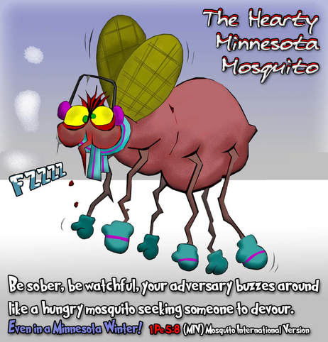 This christian cartoon features a Minnesota Mosquito in winter