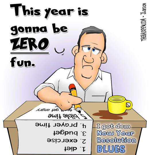 This Christian Cartoon features New Year Resolution Blues