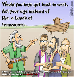Noah cartoons building the Ark with his sons in Genesis 6:9-7:4