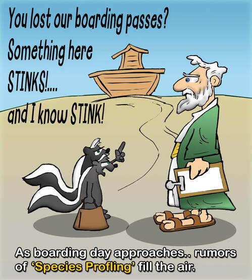 This bible cartoon features Noah boarding skunks onto the Ark