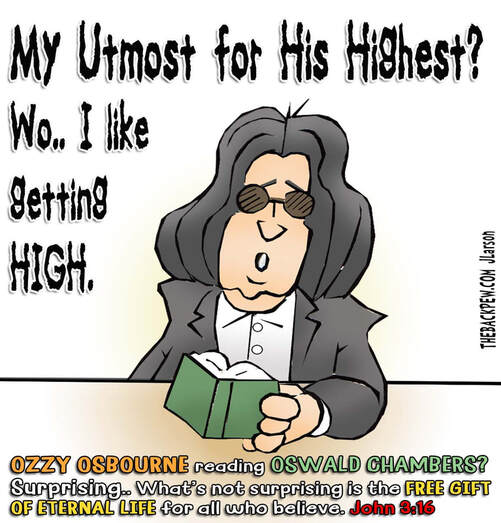 This Christian cartoon features Ozzy Osbourne reading Oswald Chambers. Surprising!
