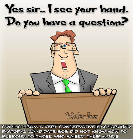 This Christian cartoon features a conservative pastoral candidate at a charismatic church