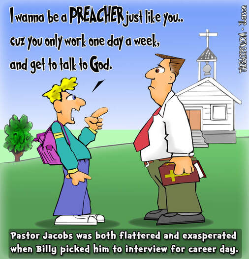 this christian cartoon features a youngster choosing a preacher to interview for career day